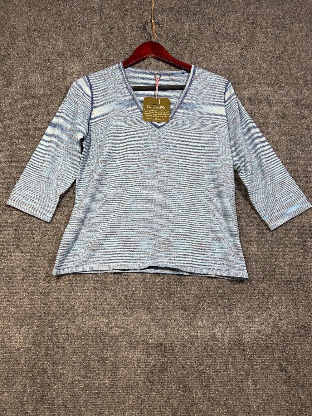 One Girl Who Top  Womens Large Knit Blue Stripe Knit 3/4 Sleeve Pullover NEW